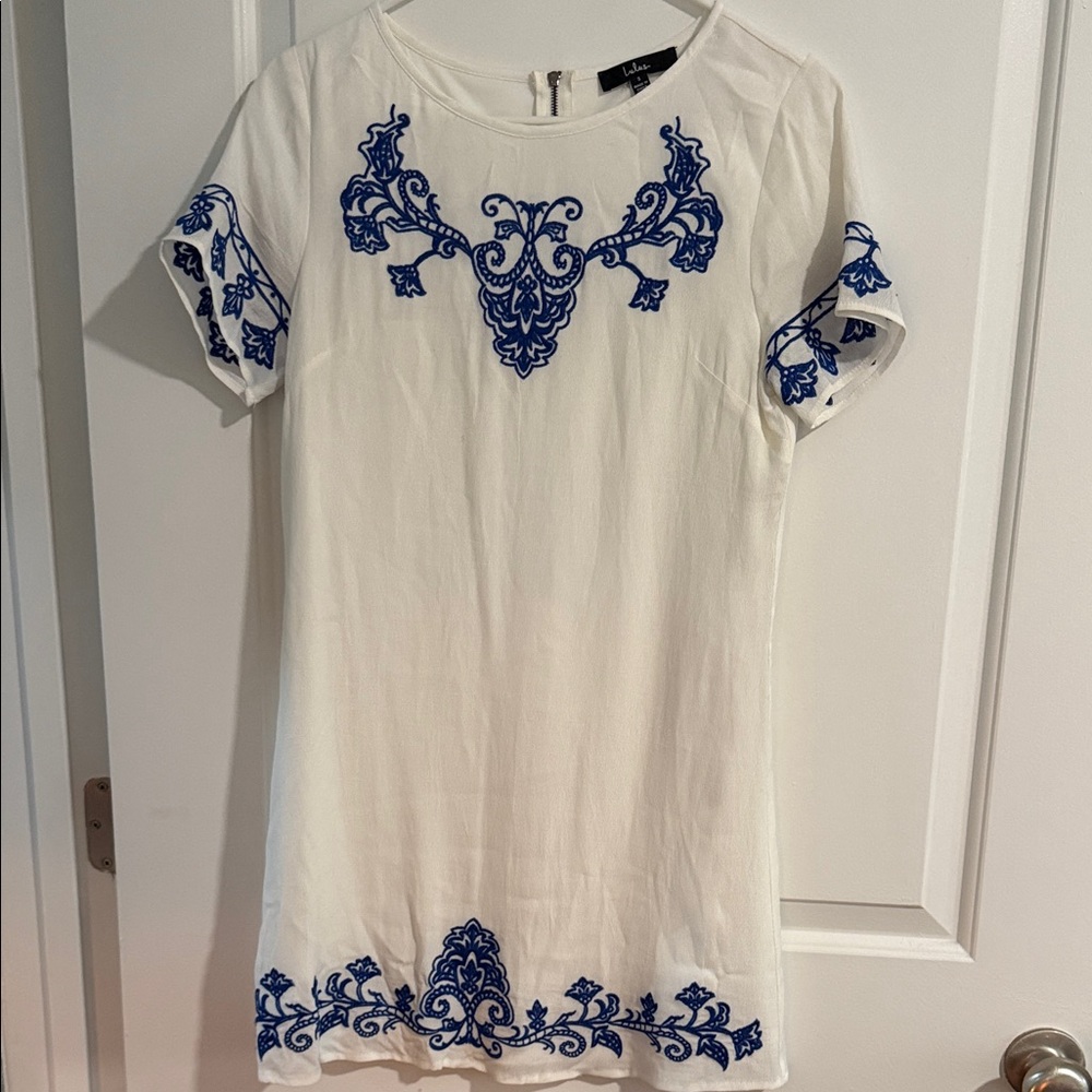 Lulu's White Shift Mini Dress with Blue Embroidery